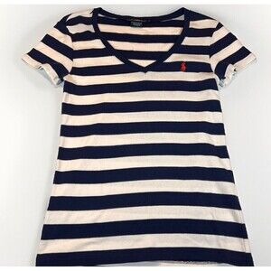 Women’s Ralph Lauren Sport Navy & White Striped Short Sleeve V Neck Red Logo L